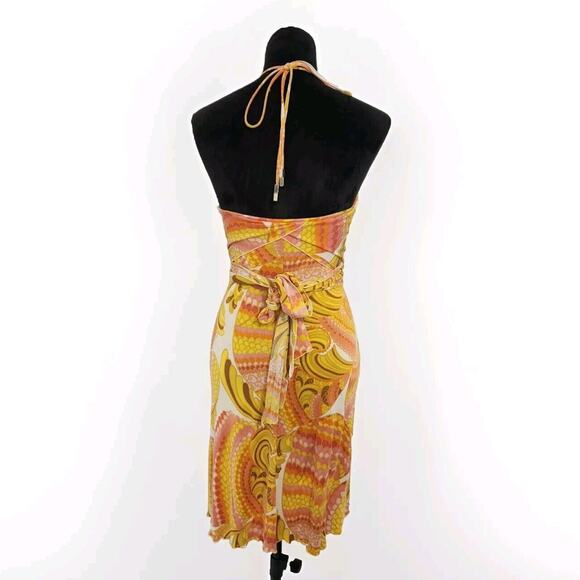 Trina Turk Silk Halter Wrap Mini Dress Psychedelic Yellow Orange Print Size 4 - Picture 3 of 5